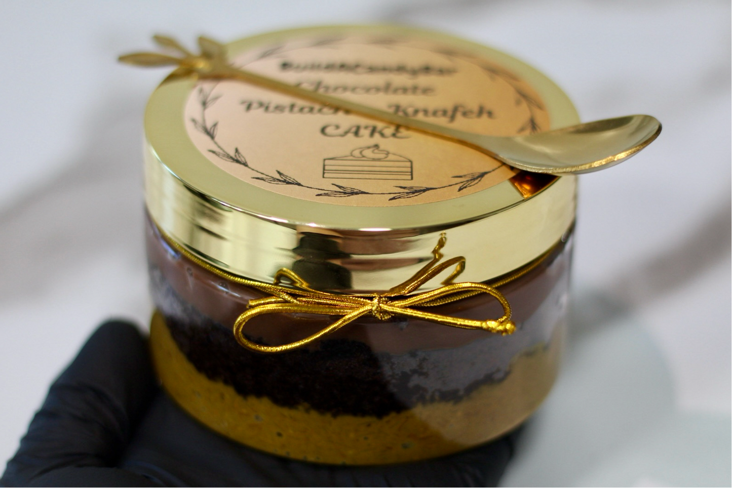 Dubai Chocolate Pistachio Knafeh Cake With Mini Gold Spoon in gift packaging